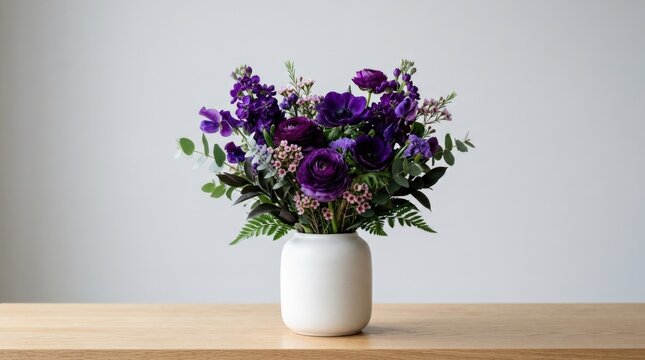 Compact bouquet of deep violet flowers in a simple white ceramic vase, botanical product photography, light gray background, diffused studio light, clean modern home decor composition.