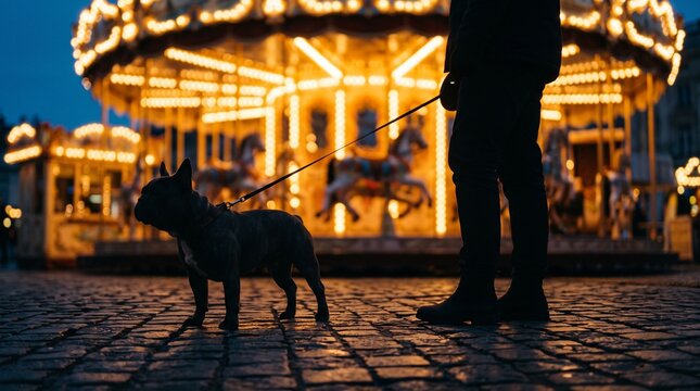 French bulldog standing on cobblestone street near owner with bright glowing amusement park carousel lights behind them