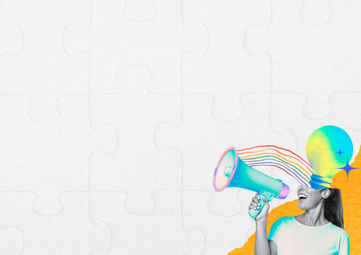 Jigsaw patterned background, woman holding megaphone border