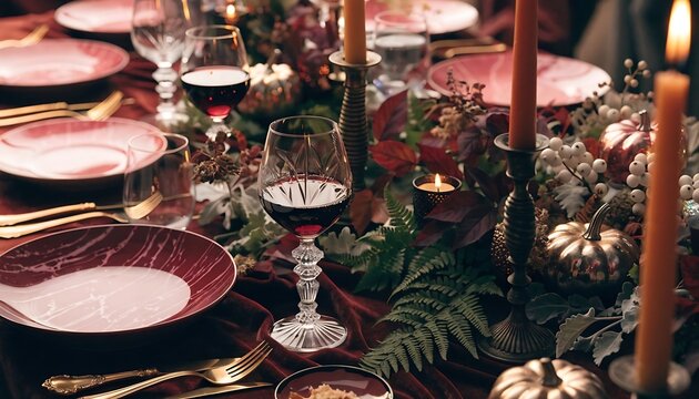 Elegant dinner table setting with wine glasses and burning candles