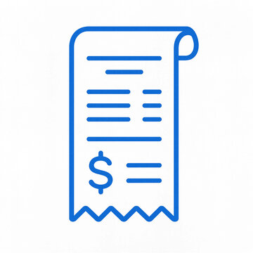 Blue receipt icon with printed lines and a dollar symbol on a white background, representing payment, billing, and financial transactions.
