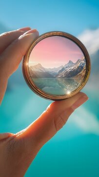 Hand holding round camera lens filter framing an upside down inverted landscape view of snow capped mountains and turquoise alpine lake.