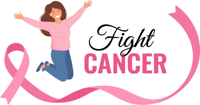 Joyful smiling woman jumping with pink ribbon symbol and fight cancer typography in flat vector illustration design
