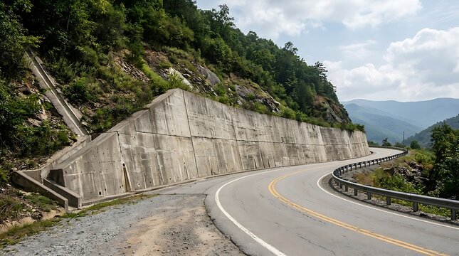 Winding mountain road with a prominent concrete retaining wall, an example of engineering blending with nature, providing safe passage through rugged terrain