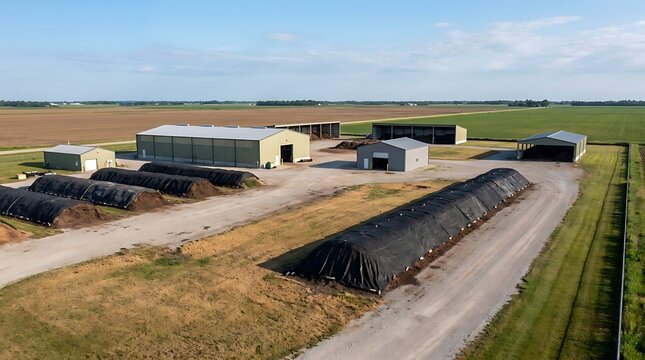 Aerial landscape of a large-scale agricultural composting operation, showcasing extensive piles of organic material and processing buildings within rural farmlands