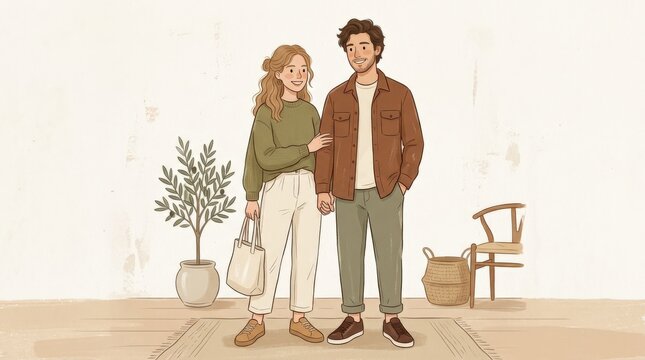 Casual young couple standing together in muted olive, cream and brown clothing, flat editorial fashion illustration, warm off-white backdrop, soft earthy palette and clean contemporary shapes.