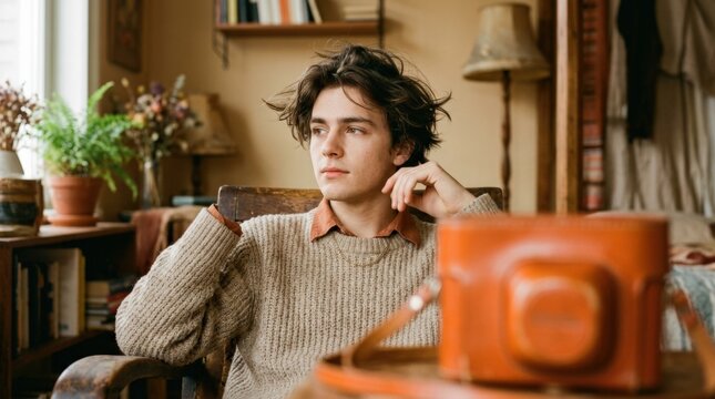 Editorial portrait of a young man with tousled hair, an orange object blurred in the foreground, warm retro color grading, soft grain, beige and burnt-orange palette, intimate fashion photography.