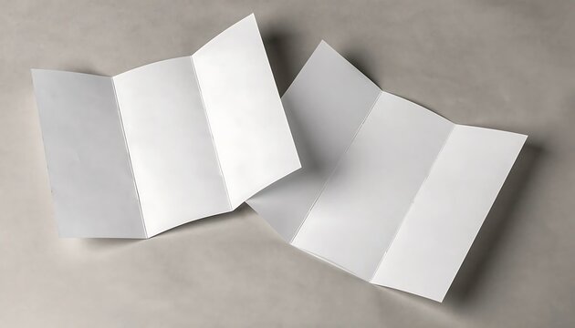 Two blank white tri fold brochures lying on a neutral gray surface