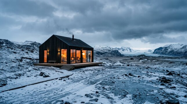 Modern dark cabin with warm windows standing in a barren icy landscape, architectural travel photography, blue-gray ground, low cloudy sky and remote luxury, survival or eco-retreat mood.
