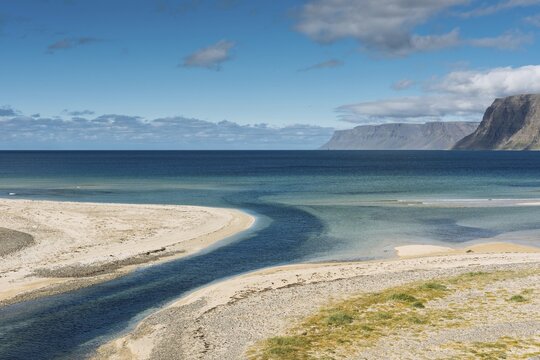 Brook, beach and cliffs, &Ouml;rlygsh&ouml;fn, Patreksfj&ouml;r&eth;ur, Westfjords, Iceland