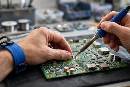 Technician soldering a computer motherboard on an anti-static workbench