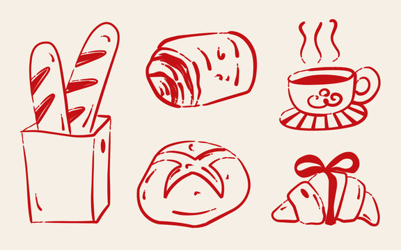 French Bakery And Coffee Hand Drawn Line Art Vector Set, Minimalist Baguette Croissant Bun Hot Drink Doodle Illustration For Bakery Menu Design, Cafe Poster, Food Packaging