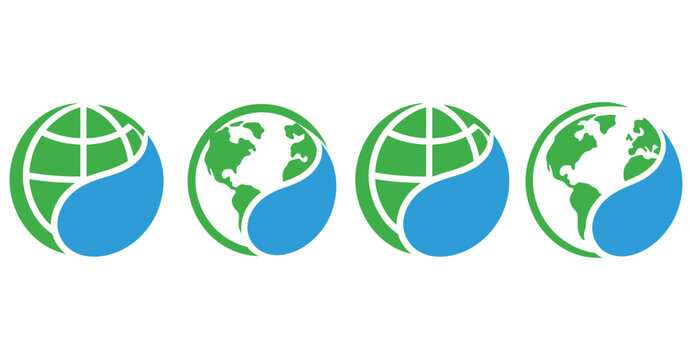 Four identical graphic icons of green globes with blue water, symbolizing global environmental protection, sustainability.
