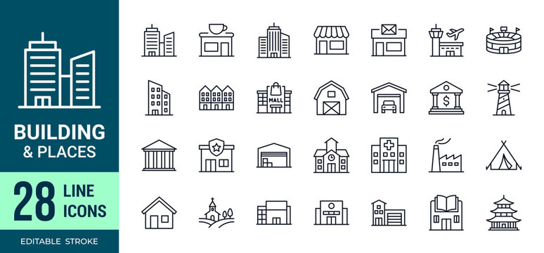 Building and places line icons, architecture, business, landmarks and real estate symbols, editable stroke