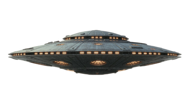 Detailed metallic flying saucer with glowing windows, isolated on transparent background