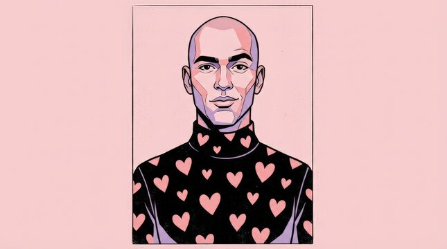Bald man facing forward in a black high-neck sweater covered with pink heart motifs, stylized editorial portrait illustration, pale pink background, geometric facial features, lavender shadows,