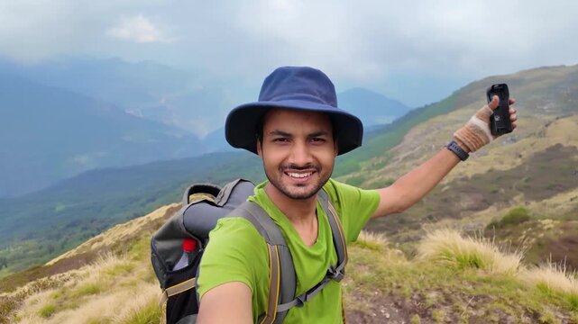 Hiker taking selfie at Rudranath temple trail in Gopeshwar Chamoli