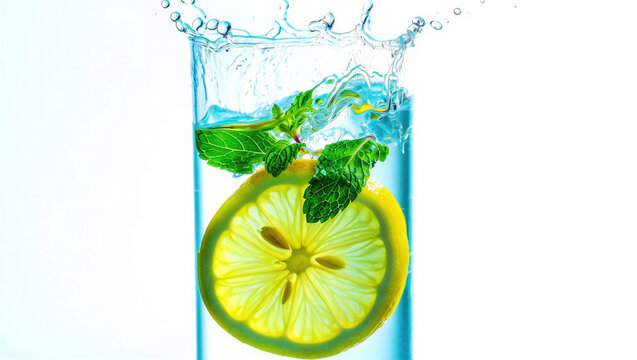 Lime slice and fresh mint leaves are submerged in clear water with a splash, creating a refreshing drink concept on a white background.