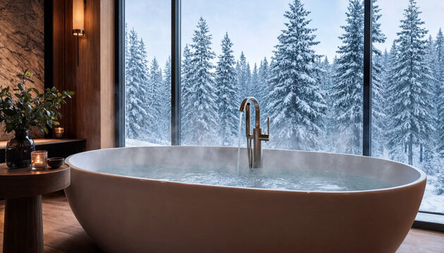 Freestanding bathtub filled with warm water beside floor-to-ceiling windows overlooking a snow-covered evergreen forest in a modern wood-lined bathroom.
