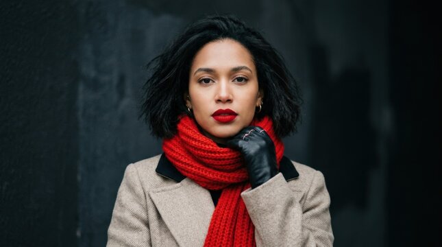 Young woman wearing a bold red scarf over a neutral coat, cinematic fashion portrait against a deep charcoal background, direct gaze and vivid red lips, cool soft key light, beige, black and scarlet