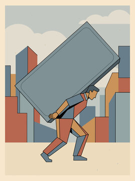 Digital Fatigue Concept Vector Illustration Person Carrying Giant Smartphone Heavy Burden Tech Burnout Overload Exhaustion Mental Health Stress Technology Dependency Anxiety Device Overuse Lifestyle