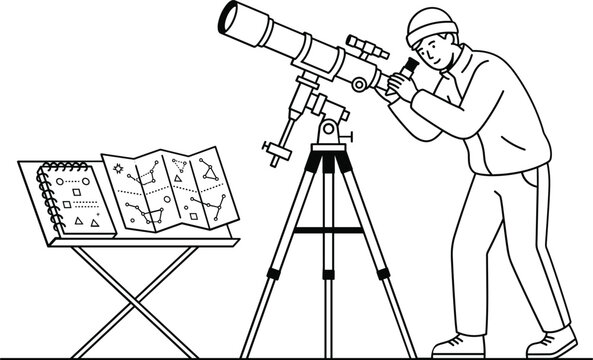 Person looking through large telescope with star map charts  
