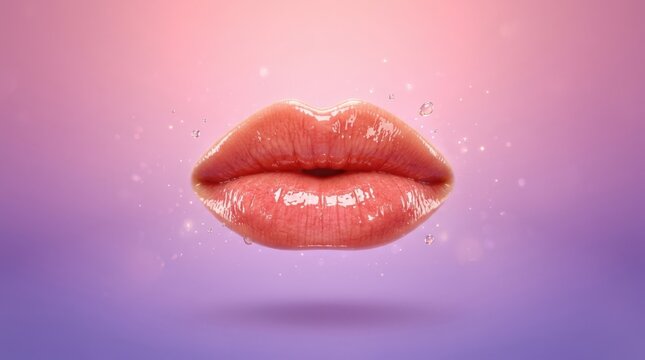 Floating glossy lips on a pink-to-purple gradient background, surreal beauty CGI, realistic moist texture, warm coral skin tones, soft studio shadows, minimal composition, cosmetic advertising