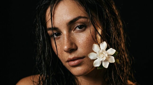 Moody close-up of a wet-haired brunette with dewy freckled skin and a white flower brushing her cheek, cinematic beauty photography, deep black background, warm low-key highlights, glossy texture,