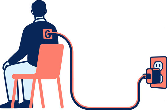Digital Burnout Concept Illustration Man Plugged Into Power Outlet Wall Socket Tech Fatigue Exhaustion Metaphor Modern Human Stress Overworked Exhaustion Minimalist Flat Design Style Symbolizing