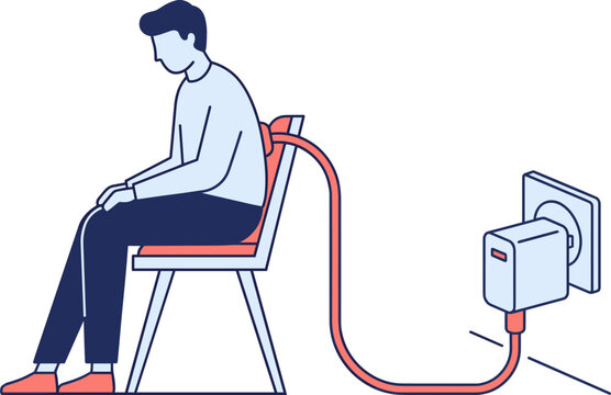 Digital Fatigue Burnout Concept Illustration Man Sitting Tired On Chair Plugged Into Electric Wall Socket Powering Up Exhausted Employee Feeling Mentally Drained From Excessive Technology Screen Usage