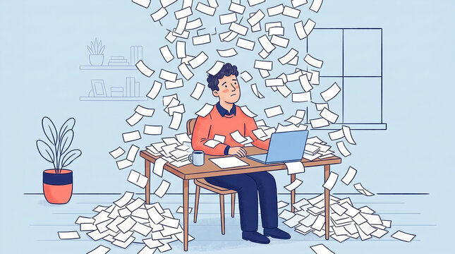 Digital Burnout Illustration Overwhelmed Office Worker Drowning In Paperwork Laptop Stress Concept Modern Workplace Anxiety Fatigue Information Overload Chaos Productivity Crisis Flat Vector Style Art