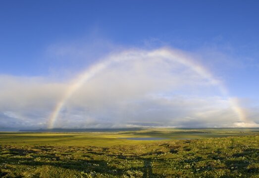Rainbow over the lowlands of Hera&eth;sfl&oacute;i Bay, Iceland, Europe