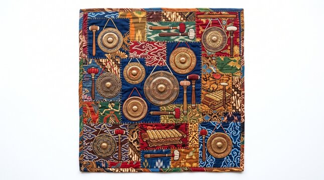 Traditional Batik Patchwork With Golden Gong And Ethnic Pattern