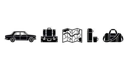 Minimalist black icon set on white background featuring a vintage sedan car, stacked travel suitcases, folded road map, thermos flask with cup, and a duffel bag for road trip themes. © afif