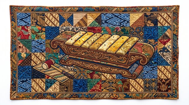 Traditional Gambang Xylophone With Patchwork Quilt Batik Background