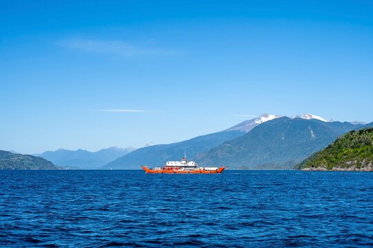 Ferry from La Arena to Caleta Puelche at Reloncav&iacute; Fjord, Fjord Landscape with Mountains, Carretera Austral Los Lagos, Patagonia Verde, Chile