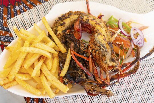 Fresh Grilled lobster served with french fries and fresh salad, gourmet seafood meal, restaurant dining, coastal cuisine, tropical destination, close up