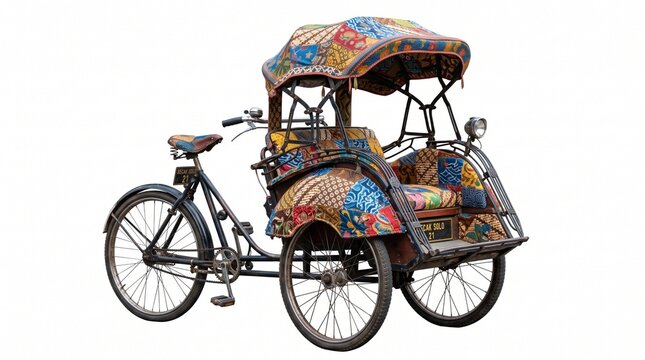 Real Becak Tricycle Rickshaw Covered With Colorful Batik Patchwork Fabric Isolated