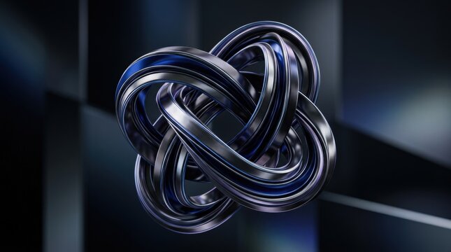Interlaced dark metallic ribbons folding into a sculptural knot, cobalt and silver reflections with subtle violet accents, abstract premium 3D render, glossy smooth surfaces, strong depth and