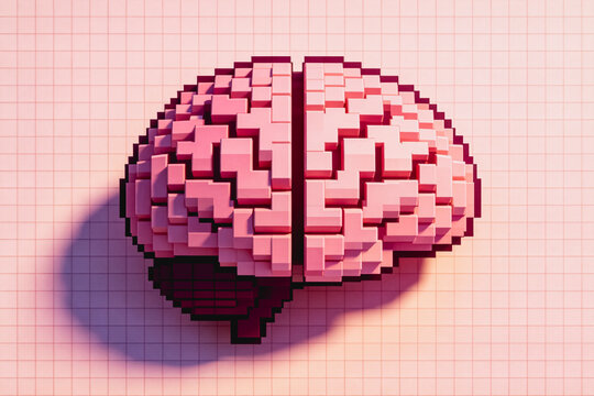 A 3D voxel-based model of a human brain, constructed from pink and magenta cubes, presented on a grid surface.
