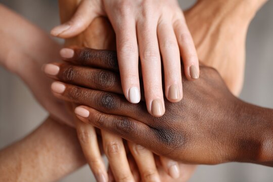 Hands meet in a close-up celebrating natural skin tones, textures, and inclusive beauty