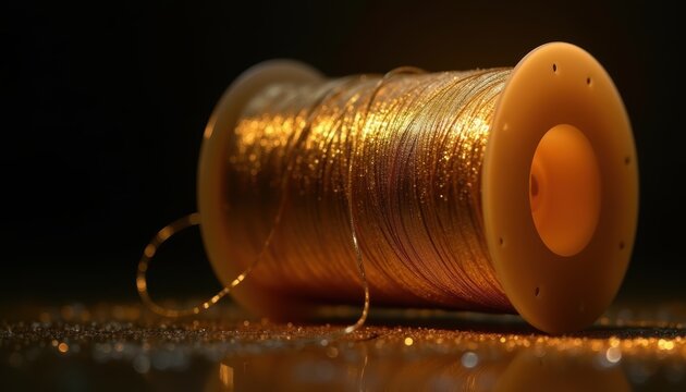 A spool of shimmering gold metallic thread unwinds against a dark background, with the plastic reel catching warm light. Fine embroidery or craft wire gleams with reflective highlights on the...
