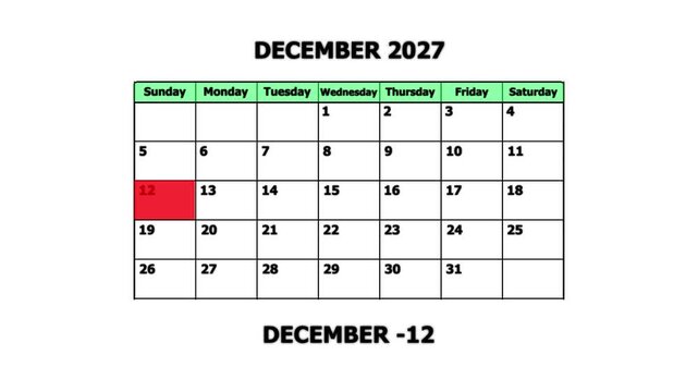 December 2027 calendar page with december 12 highlighted date for planning and scheduling monthly planner