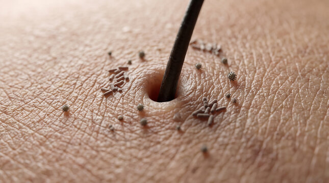 Closeup view of skin extraction process with blackhead removal tool