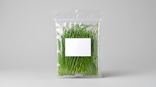 Fresh green onions packed in clear plastic bag with white label space