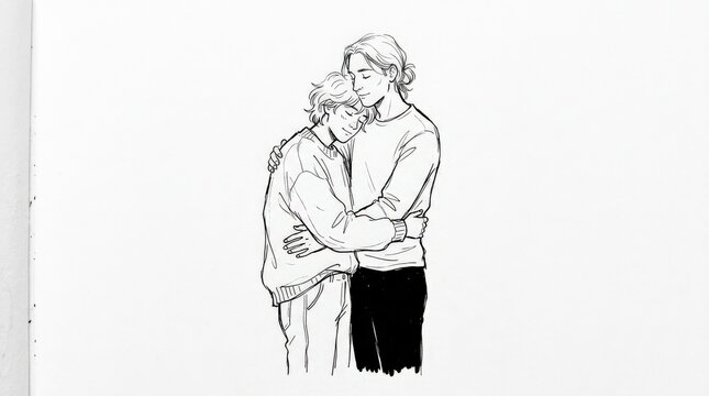Person embracing another figure in a quiet standing pose, monochrome line illustration, white background, tender human connection theme with loose hand-drawn contours.