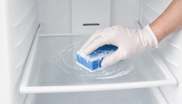 A person wearing protective gloves cleaning the glass shelf inside a refrigerator using a blue soapy sponge