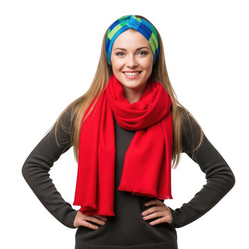 Smiling woman wearing red scarf and blue headband