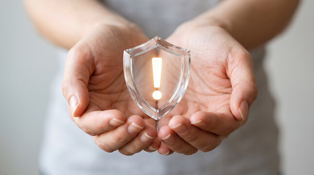 Hands holding transparent shield with exclamation mark inside glowing light element