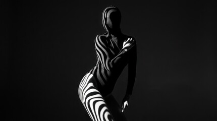 Fototapeta premium Abstract zebra-like stripes of hard light and shadow wrapping across a dark human form, monochrome conceptual photography, bold graphic contrast, sculptural curves, mysterious fashion and fine-art